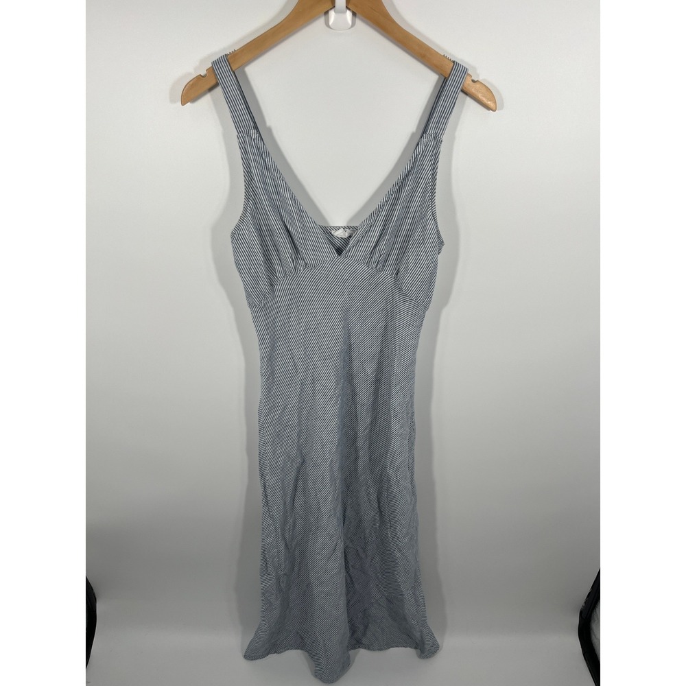 Womens 100% Linen Babydoll Maxi Dress M Blue Stripe Euro Summer Chic Lightweight